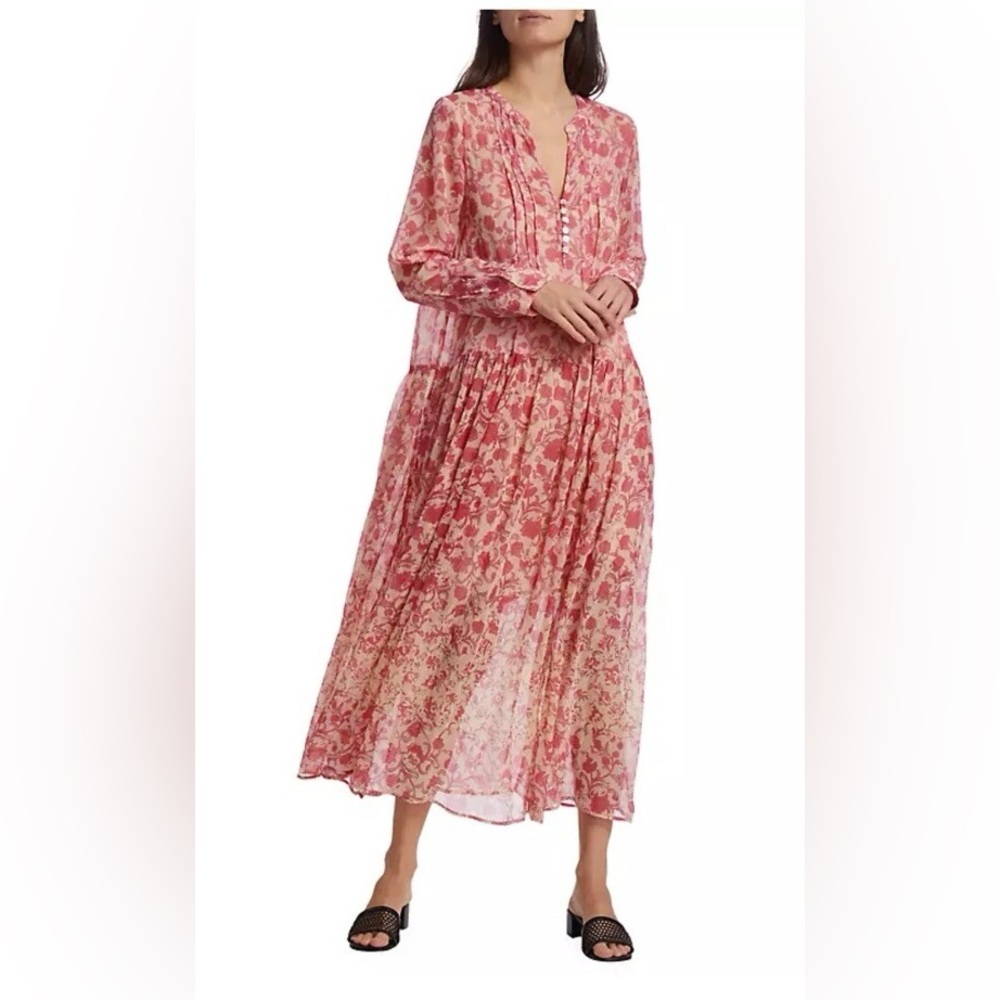 Free People Pink and White Pleated Tiered Sundress with Bishop Sleeves - Picture 1 of 14